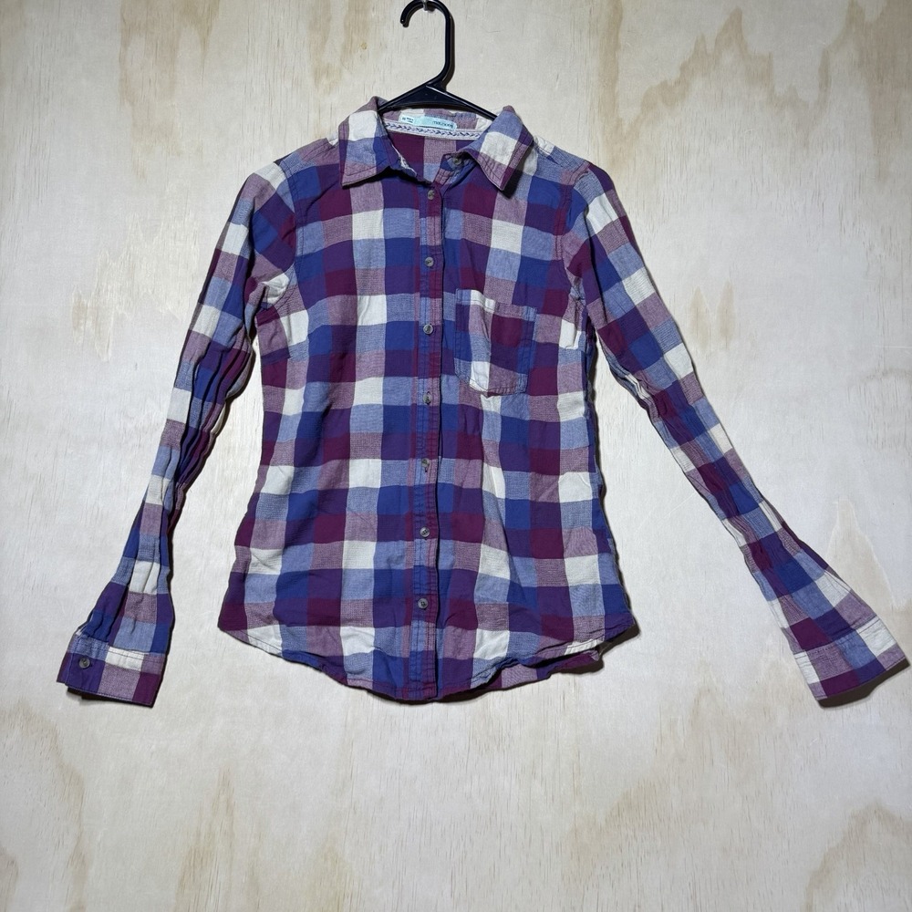 Maurices Womens XS Purple Blue Plaid Button Up Shirt Long Sleeve Pocket